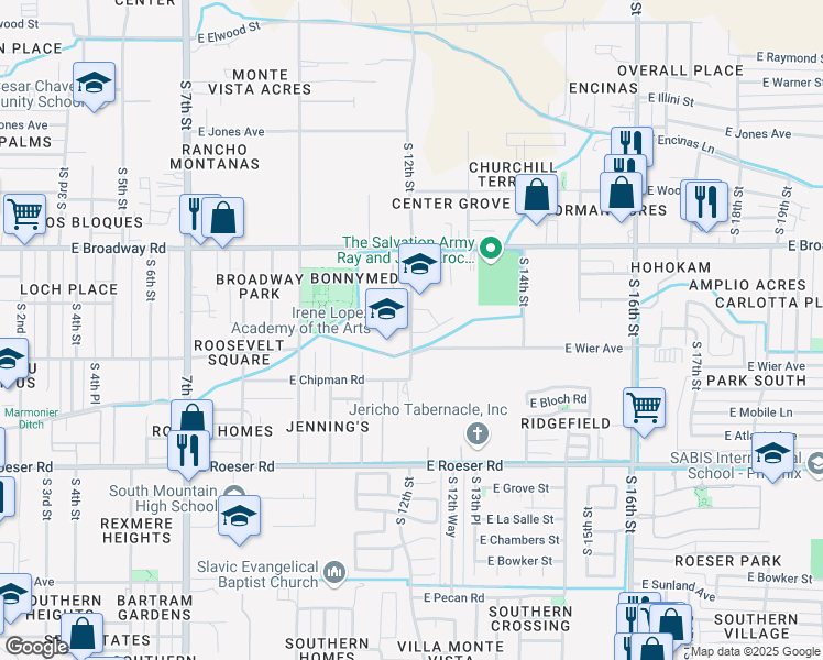 map of restaurants, bars, coffee shops, grocery stores, and more near 4610 South 12th Street in Phoenix