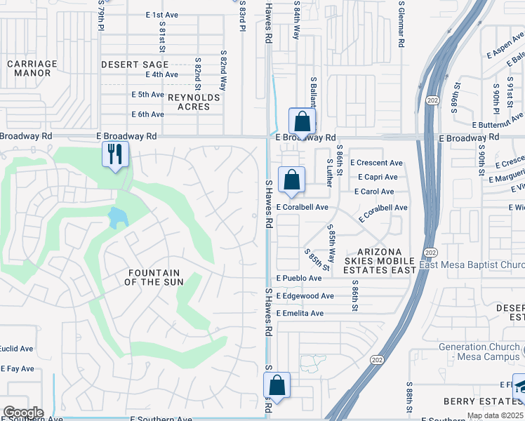 map of restaurants, bars, coffee shops, grocery stores, and more near 622 South 83rd Way in Mesa