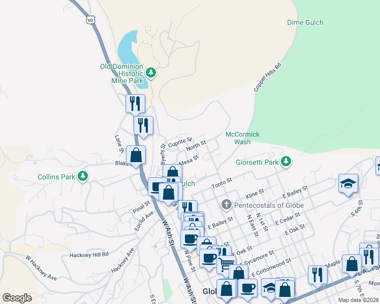 map of restaurants, bars, coffee shops, grocery stores, and more near 1005 North Sutherland Street in Globe