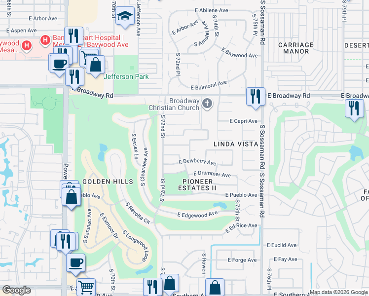 map of restaurants, bars, coffee shops, grocery stores, and more near 7304 East Dewberry Avenue in Mesa
