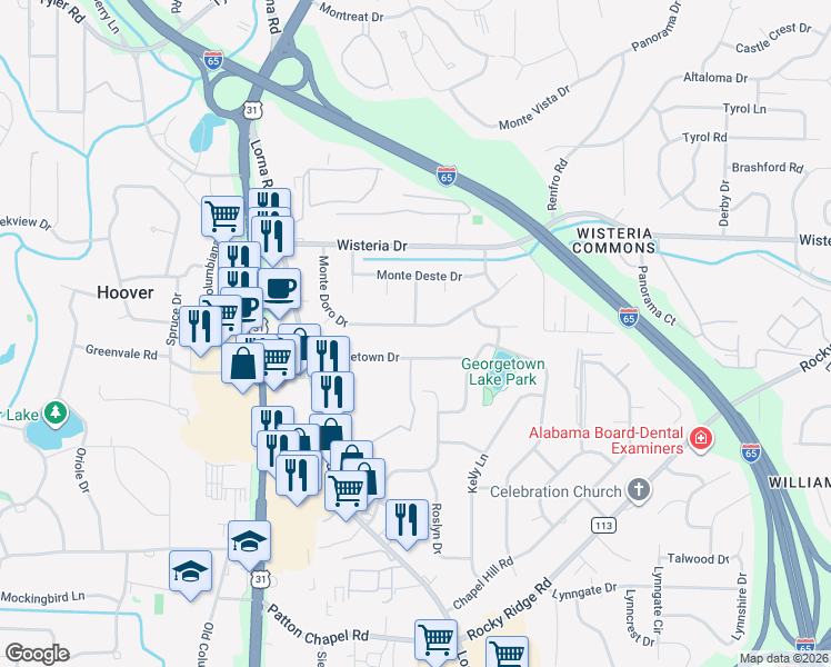 map of restaurants, bars, coffee shops, grocery stores, and more near 2839 Georgetown Drive in Birmingham