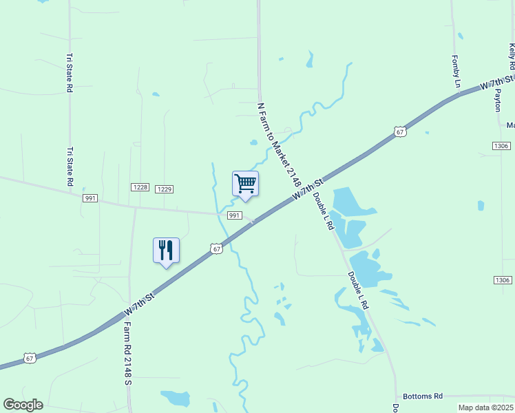 map of restaurants, bars, coffee shops, grocery stores, and more near Farm to Market 991 in Texarkana