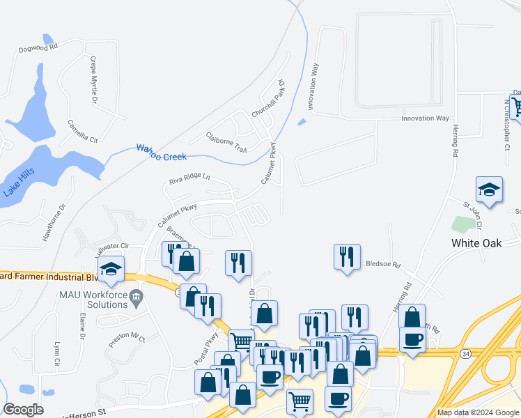 map of restaurants, bars, coffee shops, grocery stores, and more near 280 Brentwood Drive in Newnan