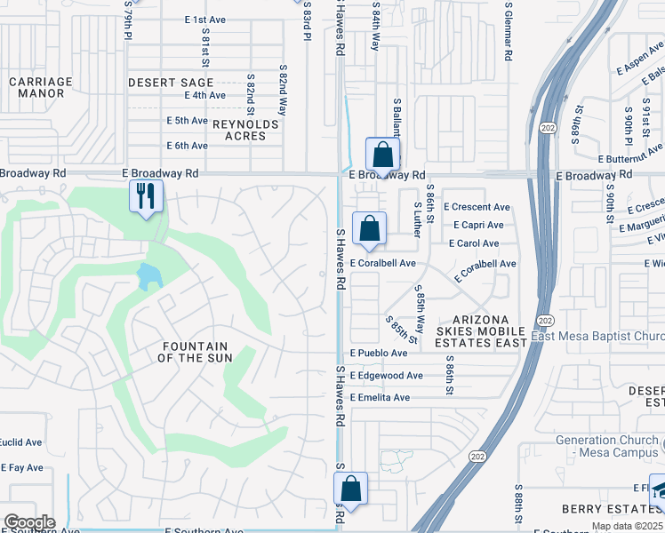 map of restaurants, bars, coffee shops, grocery stores, and more near 622 South 83rd Way in Mesa