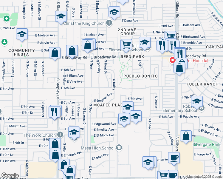 map of restaurants, bars, coffee shops, grocery stores, and more near 1527 East Dolphin Avenue in Mesa