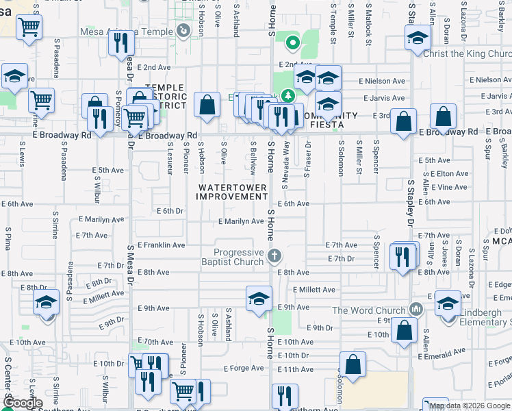 map of restaurants, bars, coffee shops, grocery stores, and more near 758 East Marilyn Avenue in Mesa