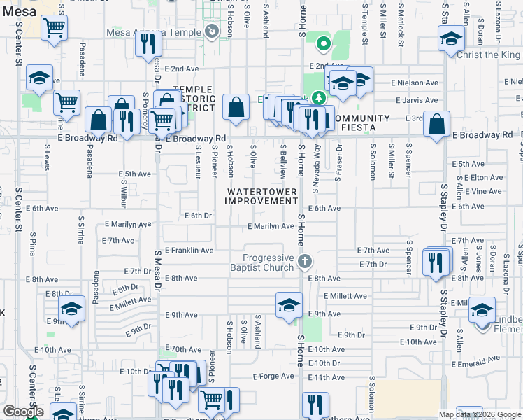 map of restaurants, bars, coffee shops, grocery stores, and more near 708 East Marilyn Avenue in Mesa