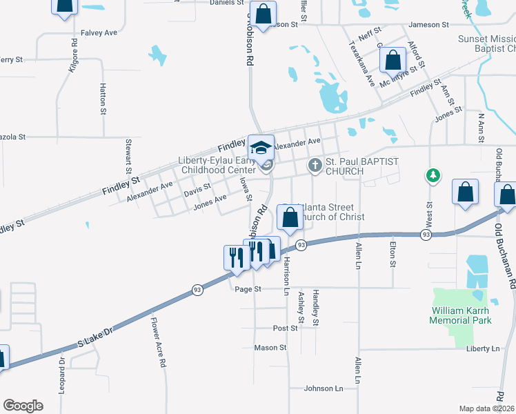 map of restaurants, bars, coffee shops, grocery stores, and more near 1718 South Robison Road in Texarkana