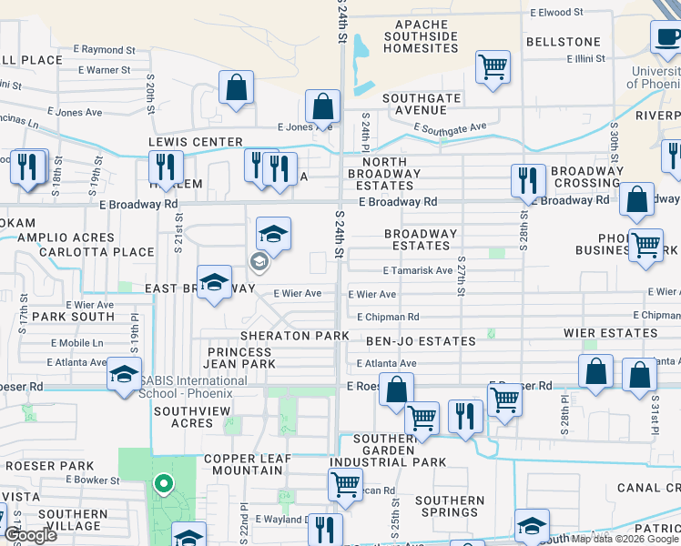map of restaurants, bars, coffee shops, grocery stores, and more near 4619-4659 South 24th Street in Phoenix
