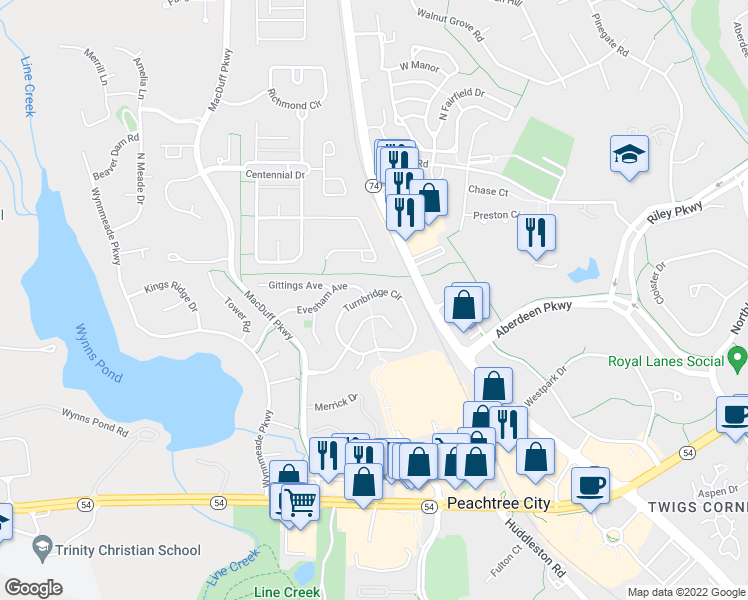 map of restaurants, bars, coffee shops, grocery stores, and more near 249 Turnbridge Circle in Peachtree City