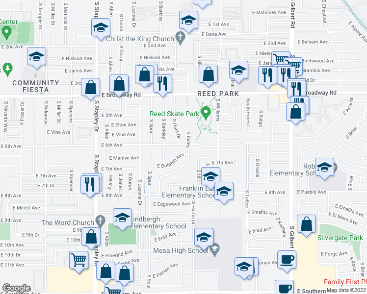 map of restaurants, bars, coffee shops, grocery stores, and more near 1527 East Dolphin Avenue in Mesa