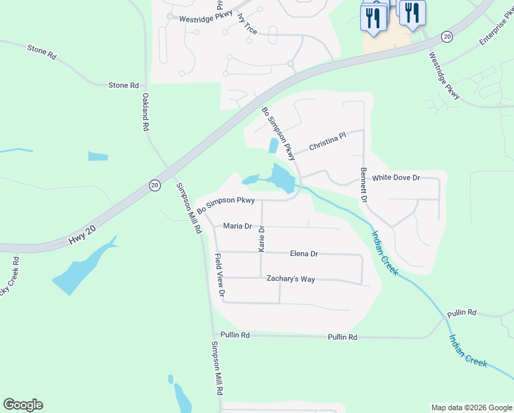 map of restaurants, bars, coffee shops, grocery stores, and more near 804 Karie Drive in McDonough