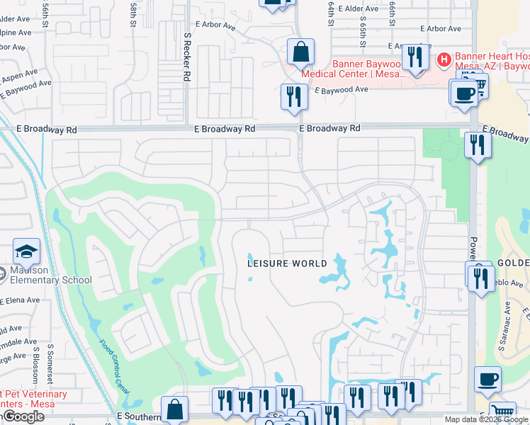map of restaurants, bars, coffee shops, grocery stores, and more near 1260 Leisure World in Mesa
