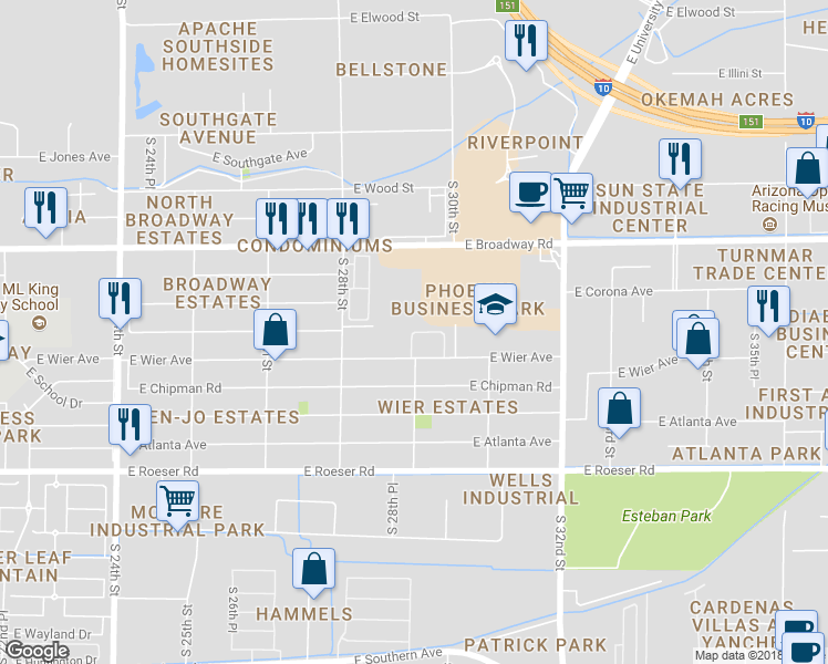 map of restaurants, bars, coffee shops, grocery stores, and more near 2908 East Levi Drive in Phoenix