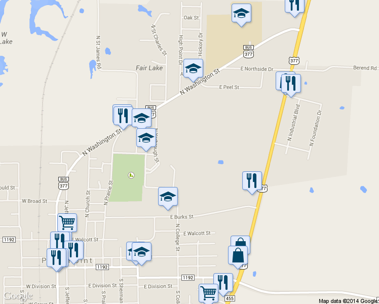 map of restaurants, bars, coffee shops, grocery stores, and more near 500 East Carroll Street in Pilot Point