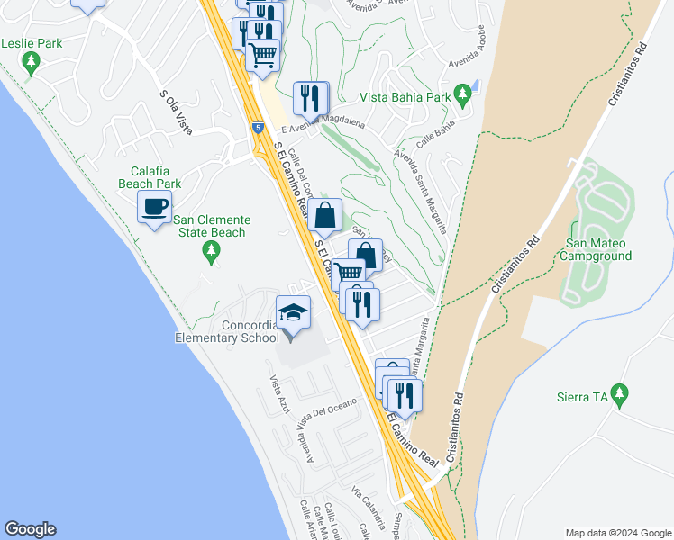 map of restaurants, bars, coffee shops, grocery stores, and more near 2917 South El Camino Real in San Clemente