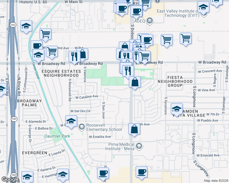 map of restaurants, bars, coffee shops, grocery stores, and more near 600 South Dobson Road in Mesa