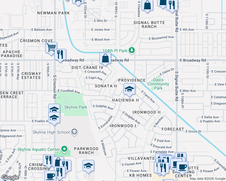 map of restaurants, bars, coffee shops, grocery stores, and more near 10334 East Dragoon Avenue in Mesa