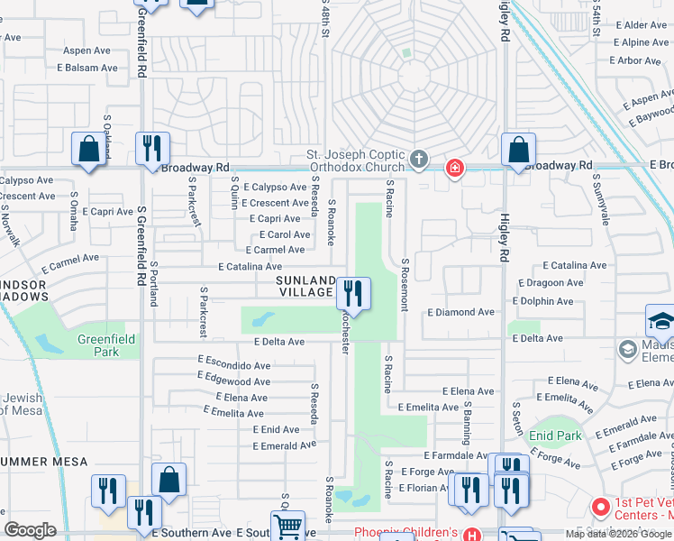 map of restaurants, bars, coffee shops, grocery stores, and more near 4807 East Dragoon Avenue in Mesa