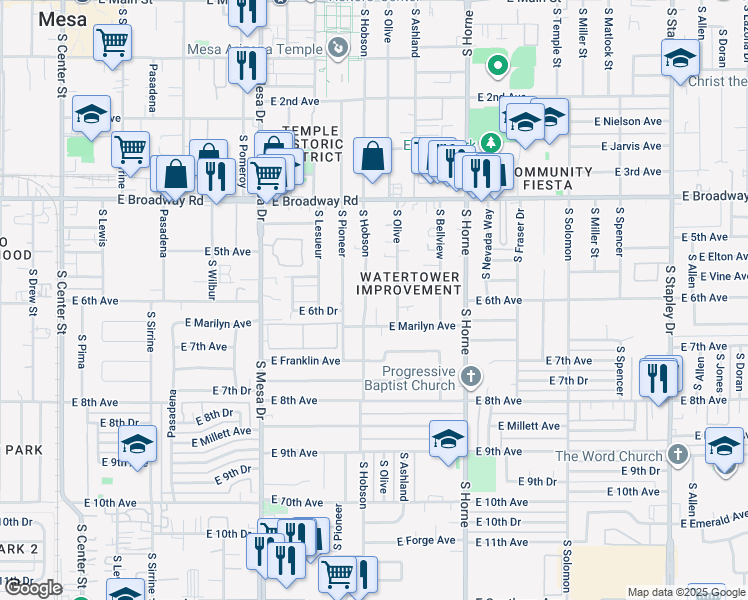 map of restaurants, bars, coffee shops, grocery stores, and more near 634 East Marilyn Avenue in Mesa