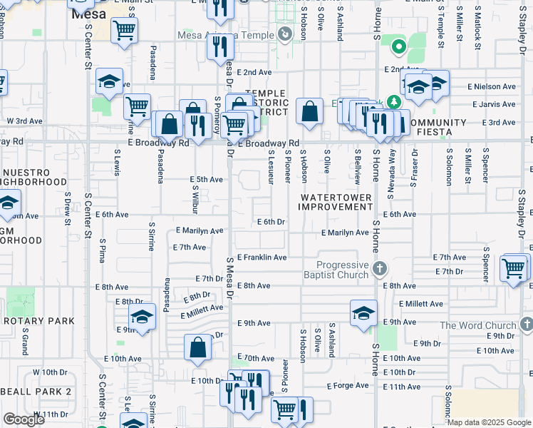 map of restaurants, bars, coffee shops, grocery stores, and more near 505 East 6th Drive in Mesa