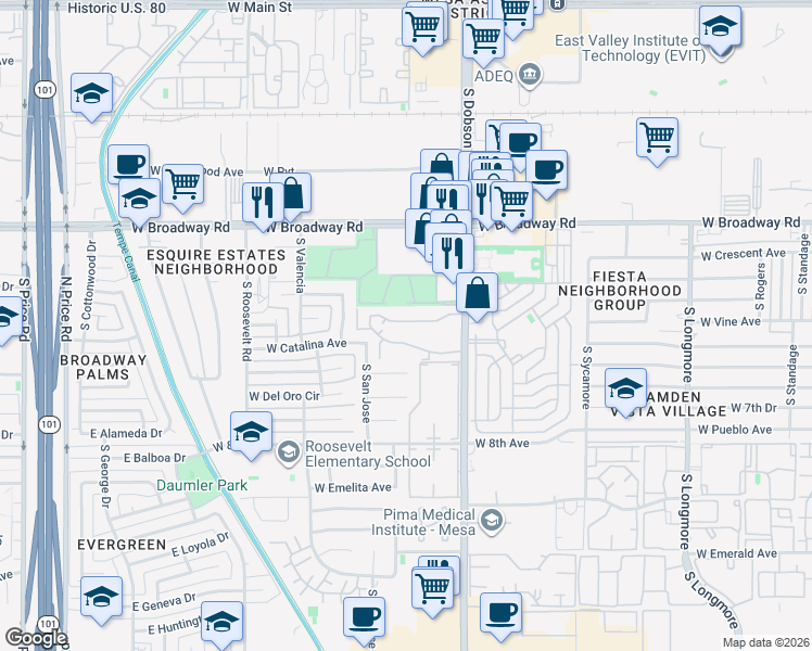 map of restaurants, bars, coffee shops, grocery stores, and more near 600 South Dobson Road in Mesa