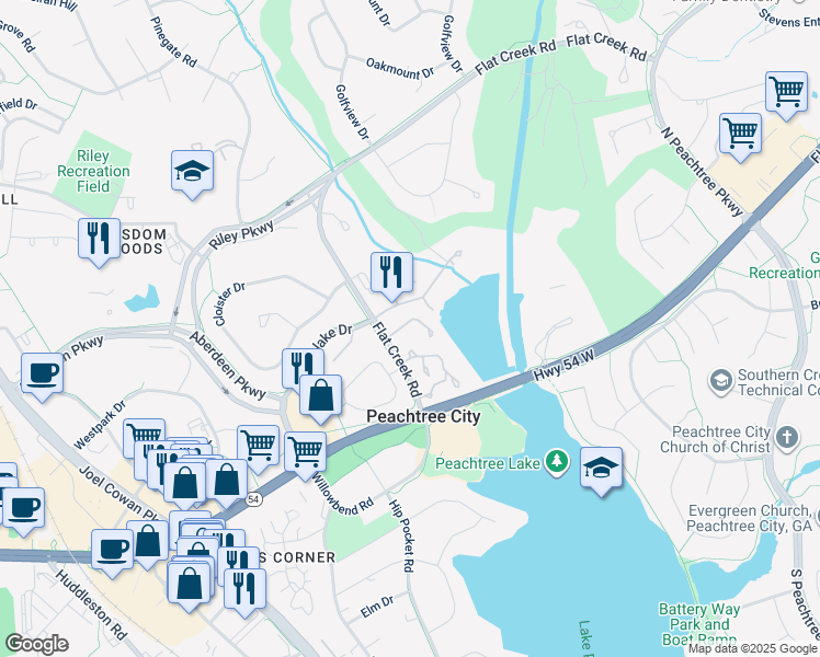 map of restaurants, bars, coffee shops, grocery stores, and more near 203 Ridgelake Drive in Peachtree City