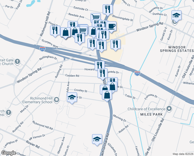 map of restaurants, bars, coffee shops, grocery stores, and more near 2117 Silverdale Road in Augusta