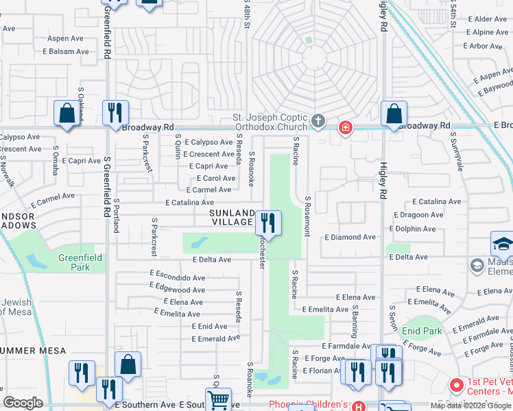 map of restaurants, bars, coffee shops, grocery stores, and more near 4807 East Dragoon Avenue in Mesa