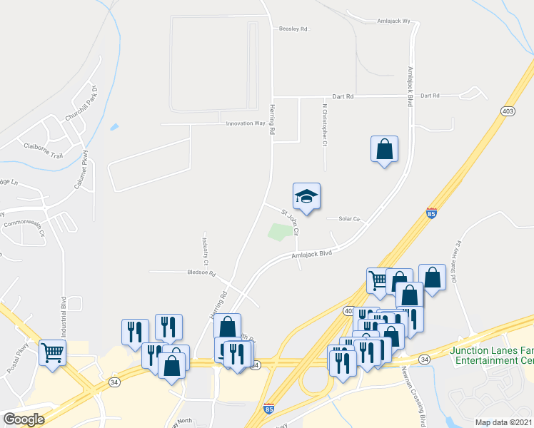 map of restaurants, bars, coffee shops, grocery stores, and more near 29 Herring Rd in Newnan