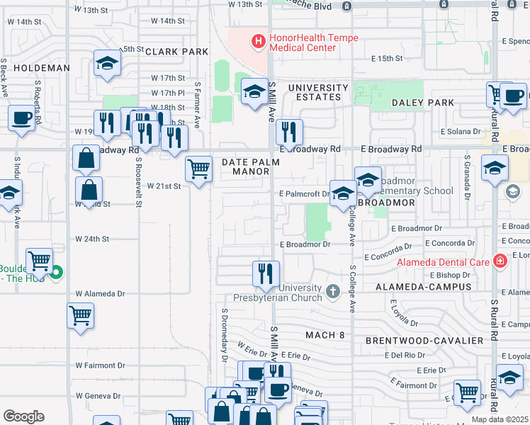 map of restaurants, bars, coffee shops, grocery stores, and more near 2424 South Mill Avenue in Tempe