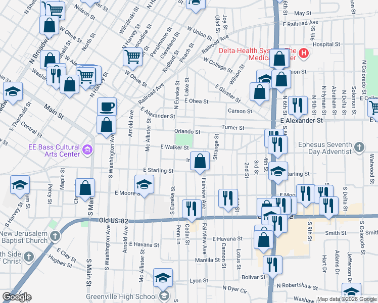 map of restaurants, bars, coffee shops, grocery stores, and more near 419 Inez Street in Greenville
