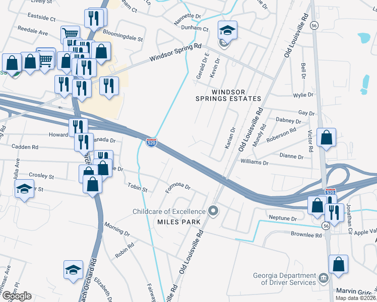 map of restaurants, bars, coffee shops, grocery stores, and more near 1818A Cheryl Drive in Augusta