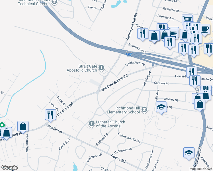 map of restaurants, bars, coffee shops, grocery stores, and more near 2240 Windsor Spring Road in Augusta