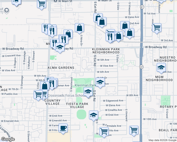 map of restaurants, bars, coffee shops, grocery stores, and more near 510 South Extension Road in Mesa