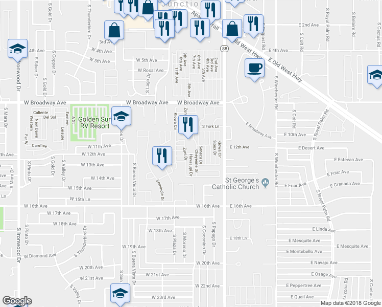 map of restaurants, bars, coffee shops, grocery stores, and more near Havasupi Drive in Apache Junction