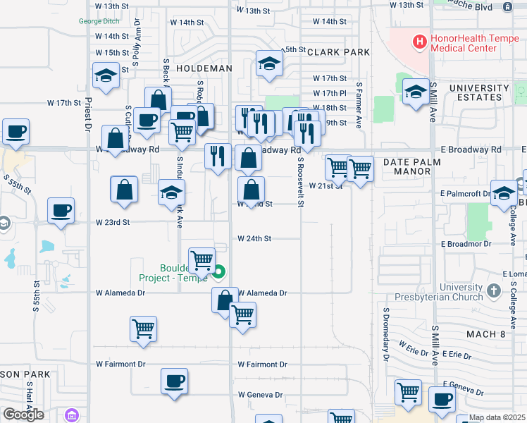 map of restaurants, bars, coffee shops, grocery stores, and more near 708 West 22nd Street in Tempe