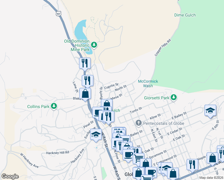 map of restaurants, bars, coffee shops, grocery stores, and more near 400-458 Cuprite Street in Globe