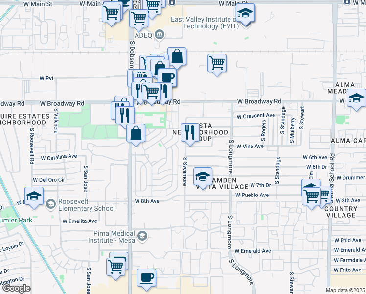 map of restaurants, bars, coffee shops, grocery stores, and more near 526 South Sycamore in Mesa