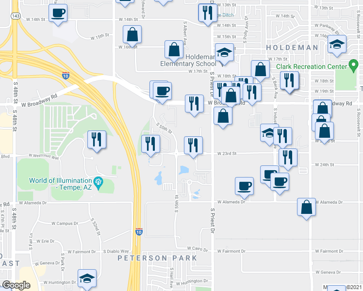 map of restaurants, bars, coffee shops, grocery stores, and more near 1560 West Fountainhead Parkway in Tempe
