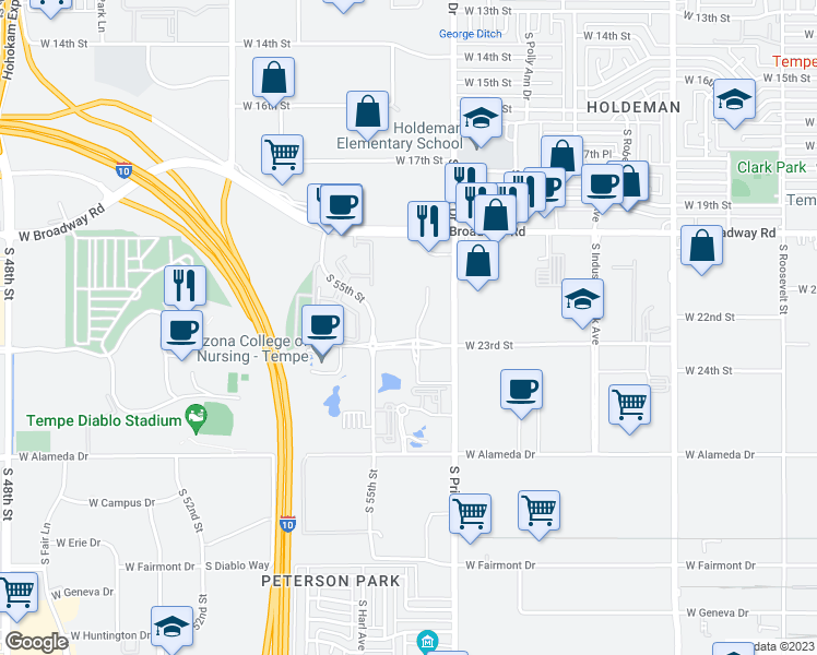 map of restaurants, bars, coffee shops, grocery stores, and more near 1540 West Fountainhead Parkway in Tempe