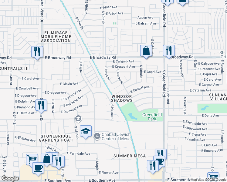 map of restaurants, bars, coffee shops, grocery stores, and more near 564 South Nassau in Mesa