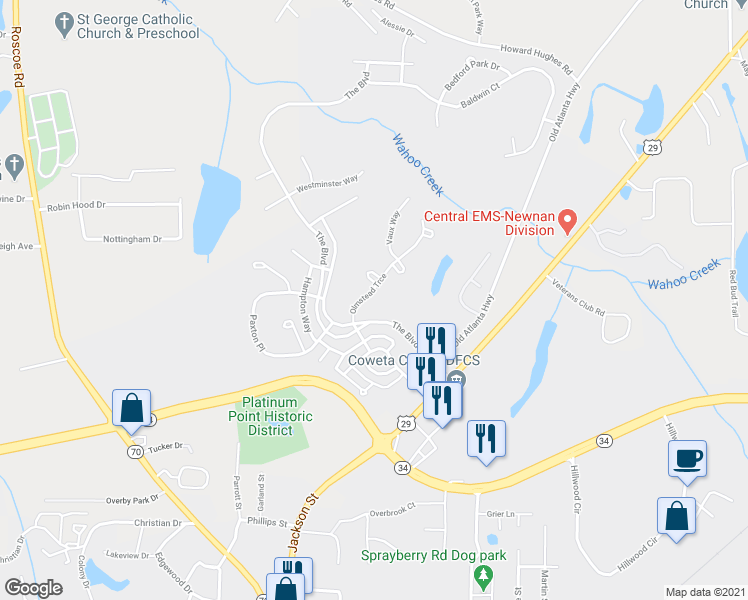 map of restaurants, bars, coffee shops, grocery stores, and more near 211 Olmstead Trce in Newnan