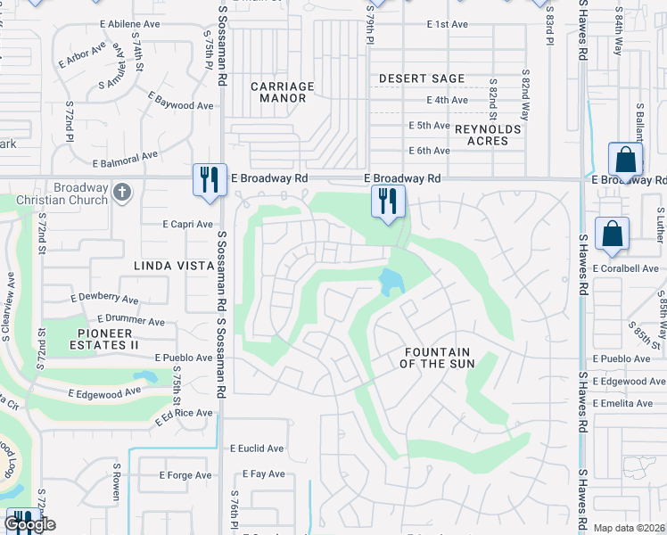 map of restaurants, bars, coffee shops, grocery stores, and more near 7841 East Fountain Cove in Mesa