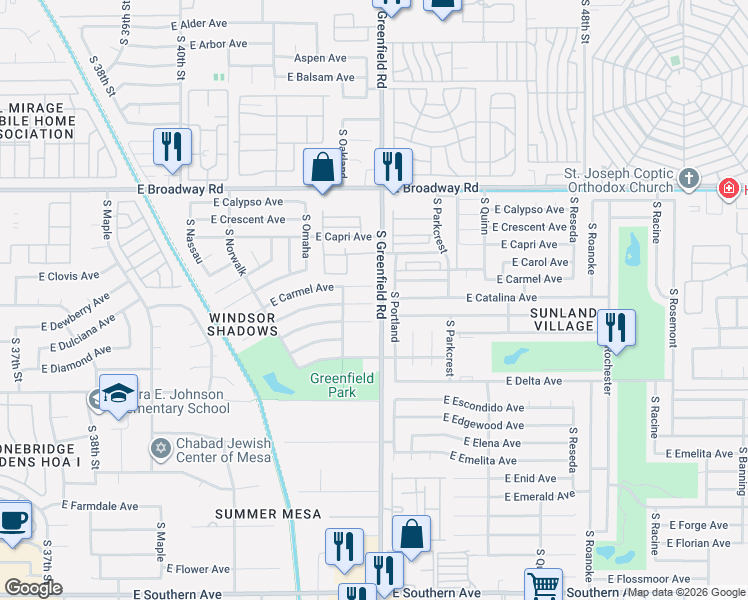 map of restaurants, bars, coffee shops, grocery stores, and more near 4364 East Carmel Circle in Mesa