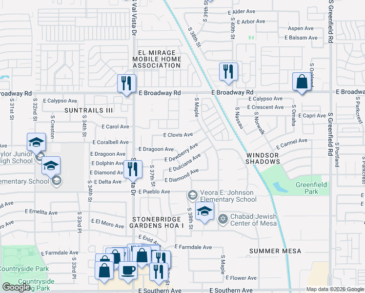 map of restaurants, bars, coffee shops, grocery stores, and more near 3753 East Clovis Avenue in Mesa