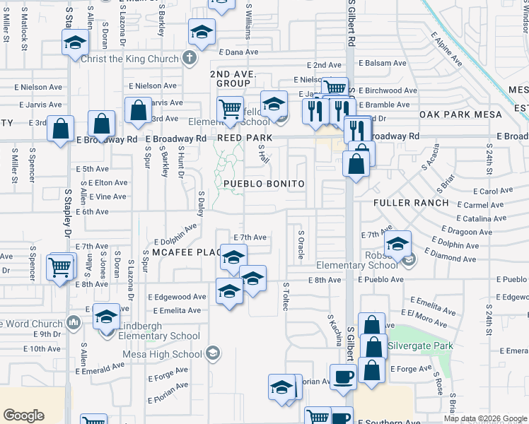 map of restaurants, bars, coffee shops, grocery stores, and more near 539 South Williams in Mesa