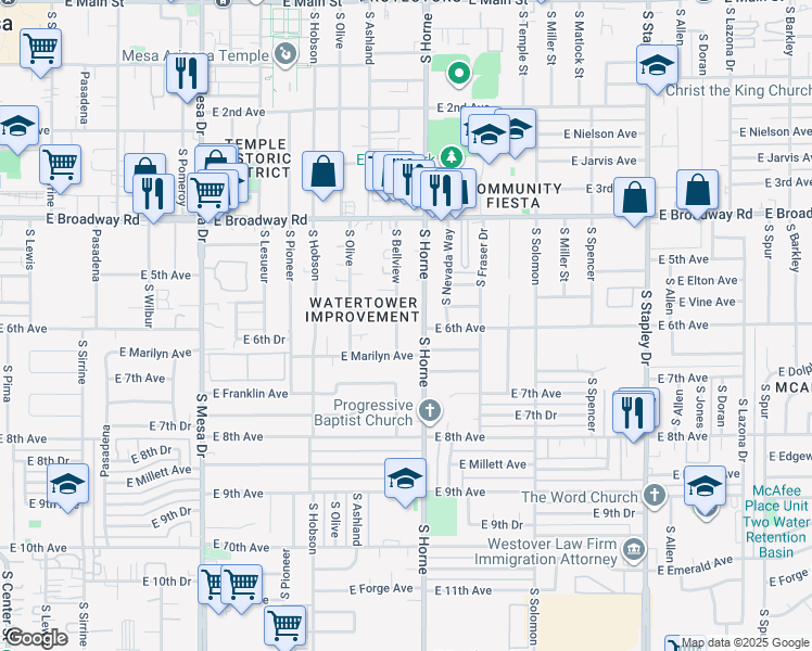map of restaurants, bars, coffee shops, grocery stores, and more near 534 South Horne in Mesa