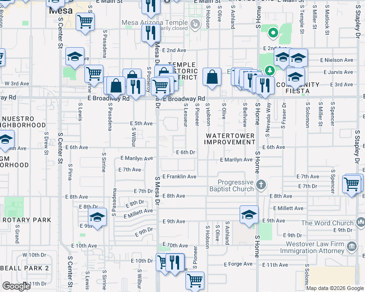 map of restaurants, bars, coffee shops, grocery stores, and more near 463 East Vine Avenue in Mesa