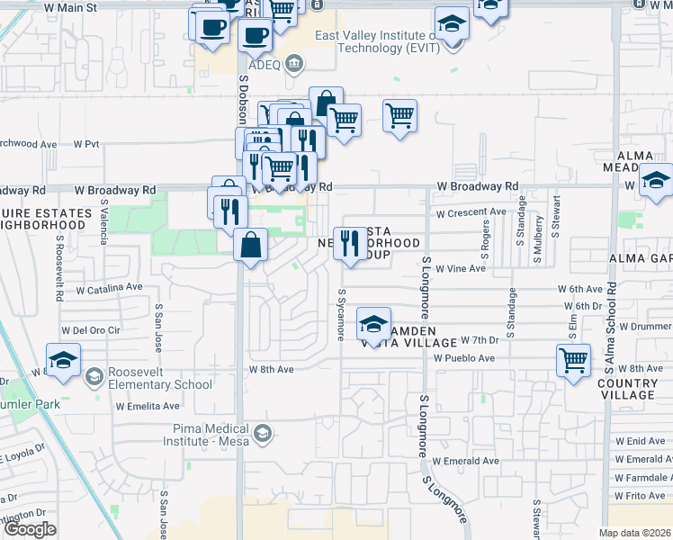 map of restaurants, bars, coffee shops, grocery stores, and more near 526 South Sycamore in Mesa
